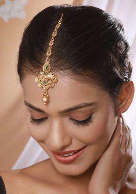 Gold-Plated Stone-Studded & Beaded Maang Tikka for Women | Traditional Temple Jewellery for Wedding & Festive Wear | Gift for Her