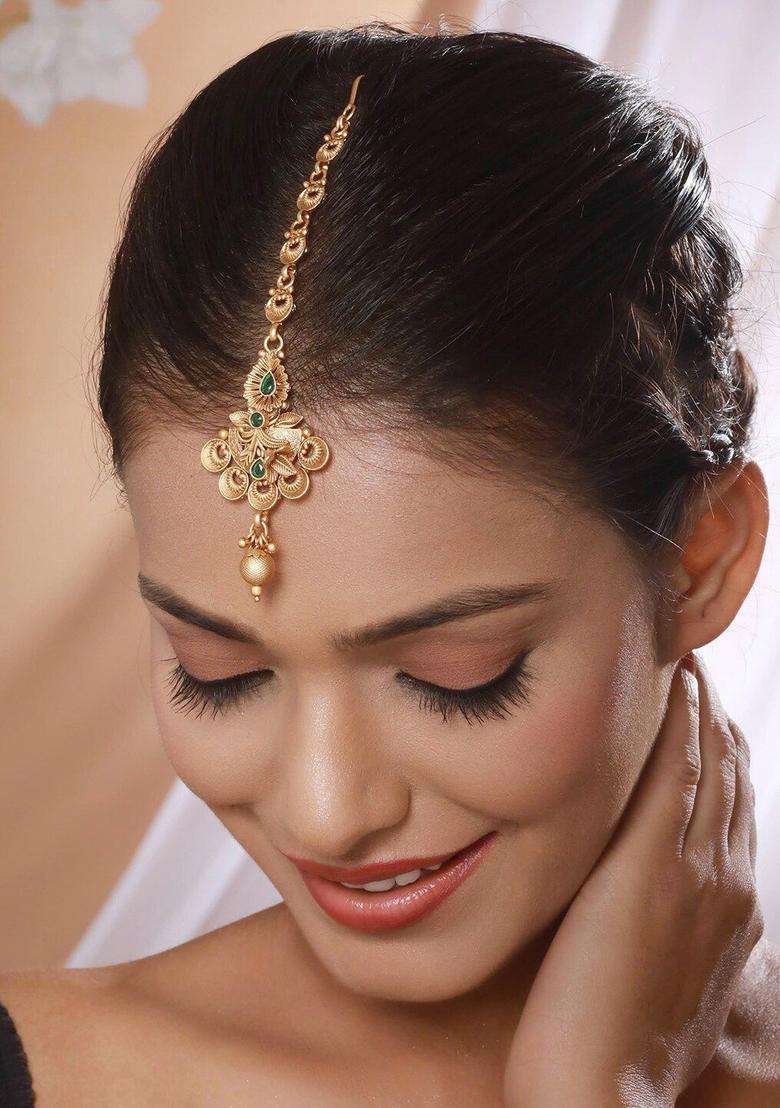 Gold-Plated Stone-Studded & Beaded Maang Tikka for Women | Traditional Temple Jewellery for Wedding & Festive Wear | Gift for Her - Indya