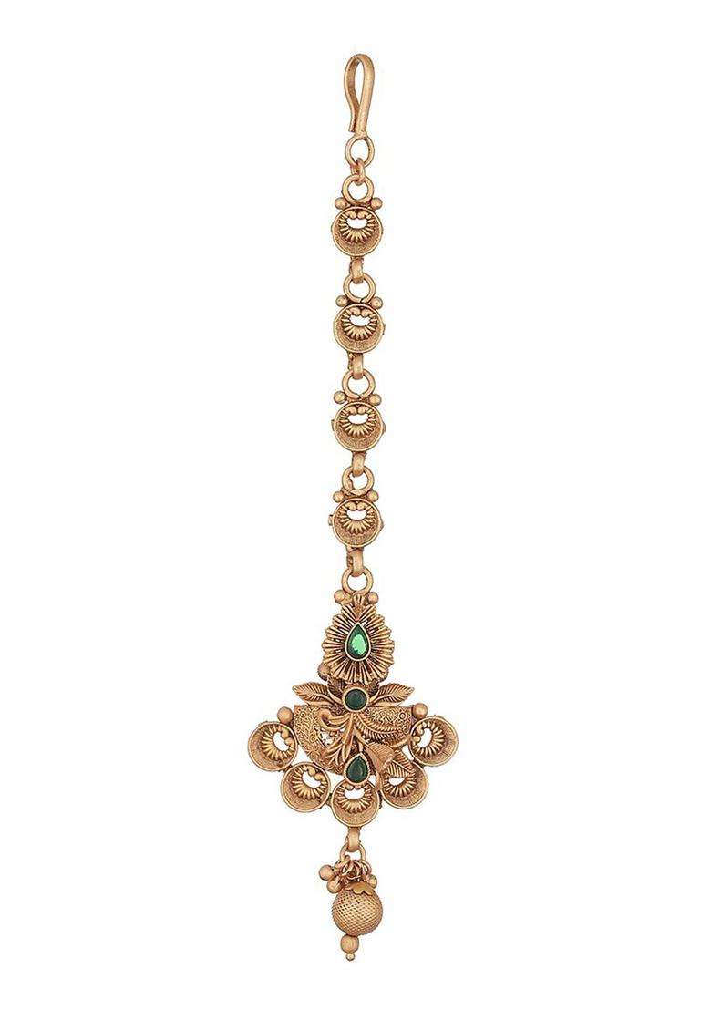 Gold-Plated Stone-Studded & Beaded Maang Tikka for Women | Traditional Temple Jewellery for Wedding & Festive Wear | Gift for Her - Indya