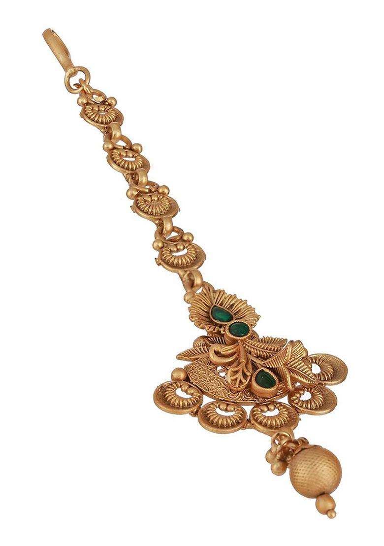 Gold-Plated Stone-Studded & Beaded Maang Tikka for Women | Traditional Temple Jewellery for Wedding & Festive Wear | Gift for Her - Indya
