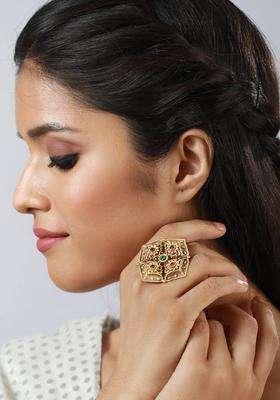 Gold-Plated Stone-Studded Adjustable Finger Ring for Women | Traditional Temple Jewellery for Wedding & Festive Wear | Gift for Her