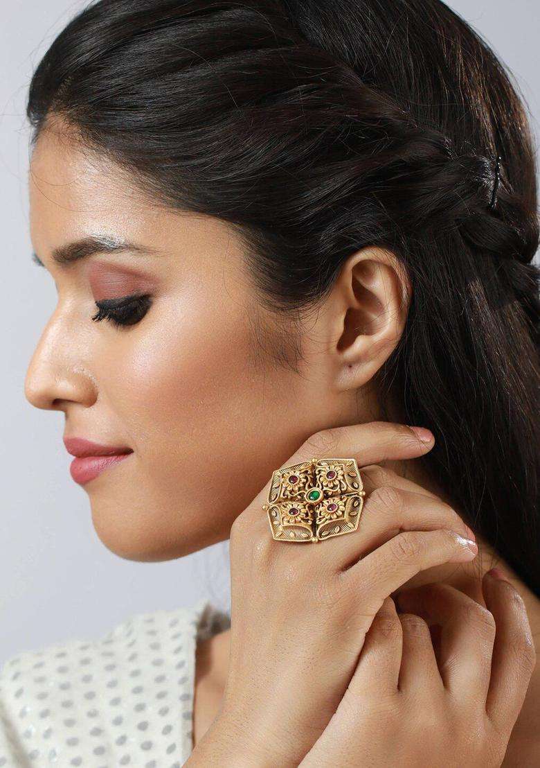 Gold-Plated Stone-Studded Adjustable Finger Ring for Women | Traditional Temple Jewellery for Wedding & Festive Wear | Gift for Her - Indya