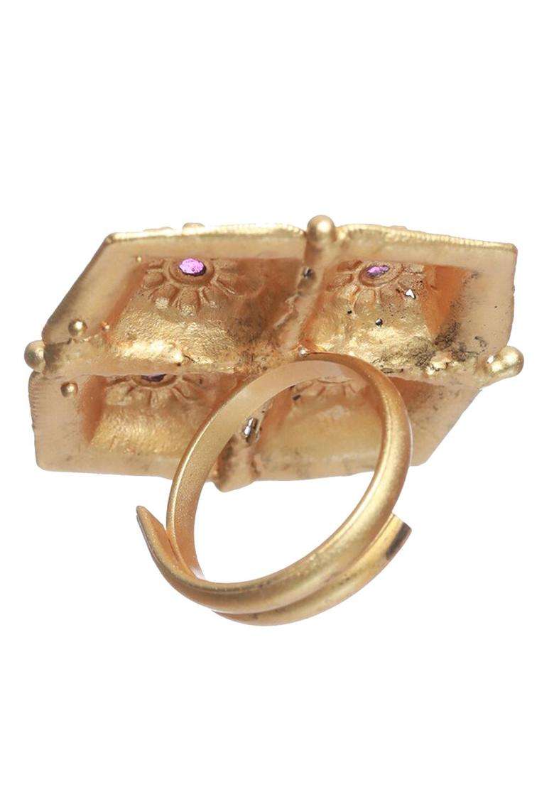Gold-Plated Stone-Studded Adjustable Finger Ring for Women | Traditional Temple Jewellery for Wedding & Festive Wear | Gift for Her - Indya