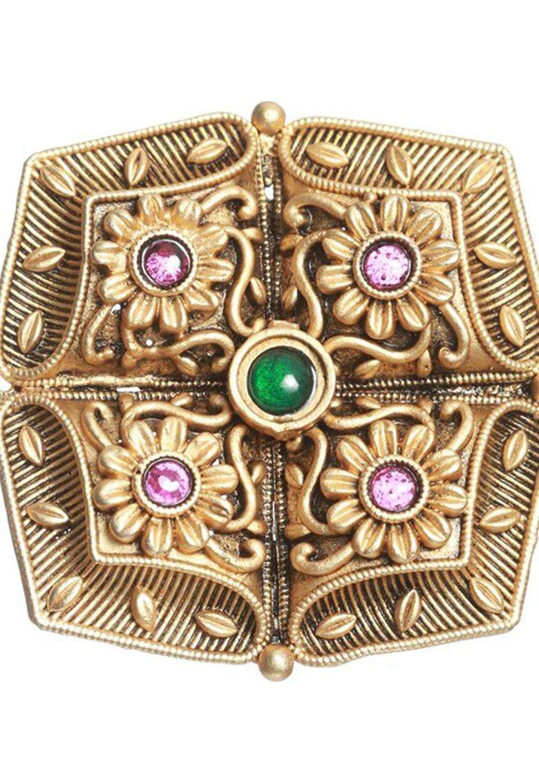 Gold-Plated Stone-Studded Adjustable Finger Ring for Women | Traditional Temple Jewellery for Wedding & Festive Wear | Gift for Her - Indya