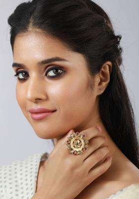 Gold-Plated Stone-Studded Adjustable Finger Ring for Women | Traditional Temple Jewellery for Wedding & Festive Wear | Gift for Her