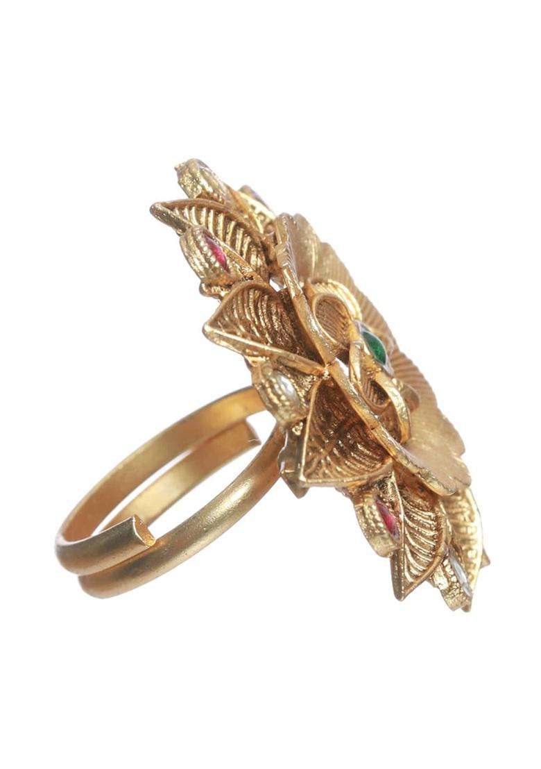 Gold-Plated Stone-Studded Adjustable Finger Ring for Women | Traditional Temple Jewellery for Wedding & Festive Wear | Gift for Her - Indya