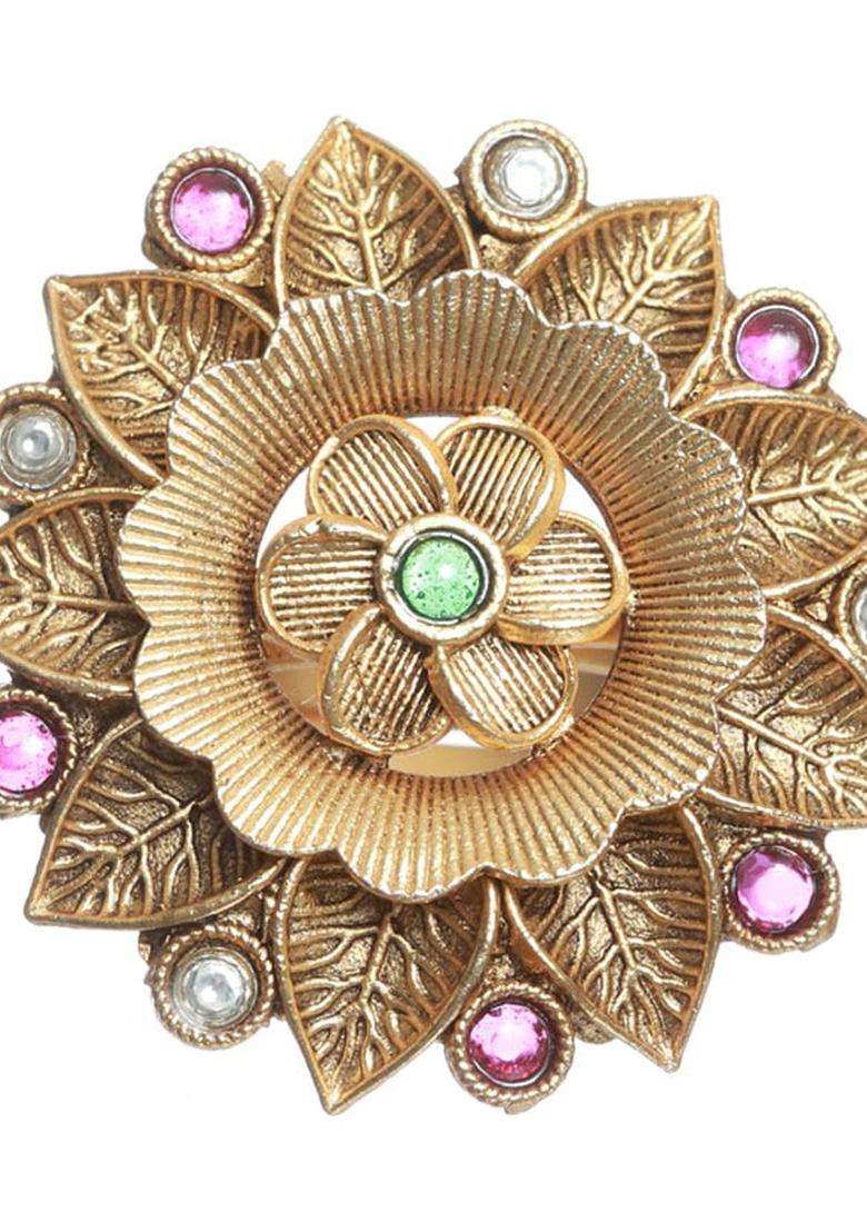 Gold-Plated Stone-Studded Adjustable Finger Ring for Women | Traditional Temple Jewellery for Wedding & Festive Wear | Gift for Her - Indya