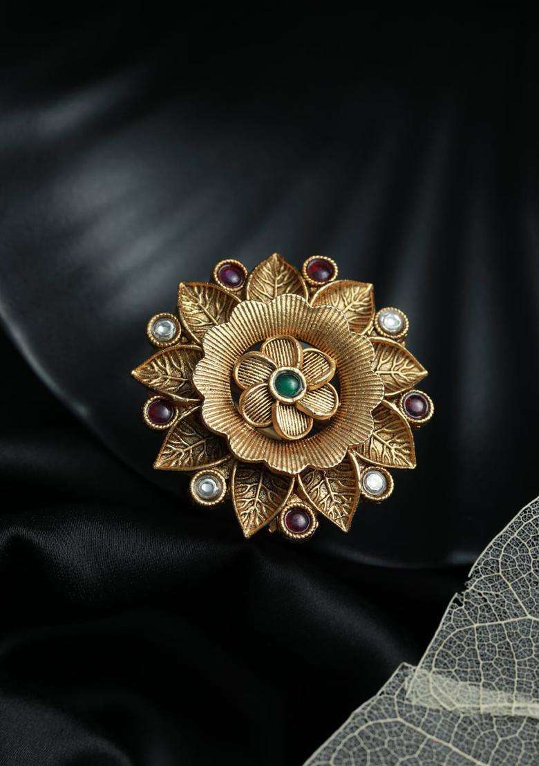 Gold-Plated Stone-Studded Adjustable Finger Ring for Women | Traditional Temple Jewellery for Wedding & Festive Wear | Gift for Her - Indya