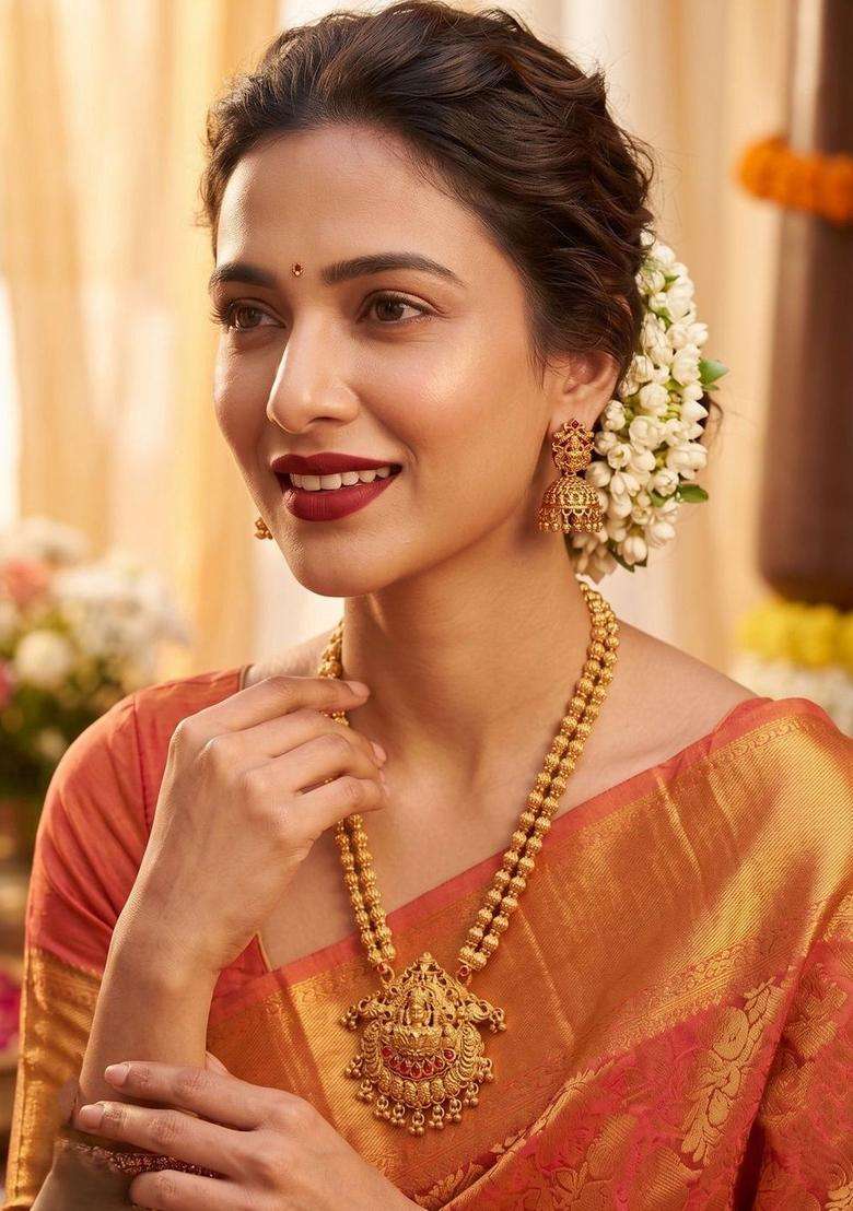 Gold-Plated Temple Stone-Studded Necklace and Earrings for Women | Traditional Temple Jewellery for Wedding & Festive Wear | Gift for Her - Indya