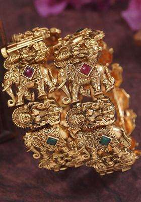Set of 2 Gold-Plated Kundan Studded Temple Bangles for Women | Traditional Temple Jewellery for Wedding & Festive Wear | Gift for Her
