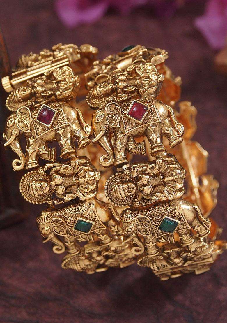 Set of 2 Gold-Plated Kundan Studded Temple Bangles for Women | Traditional Temple Jewellery for Wedding & Festive Wear | Gift for Her - Indya