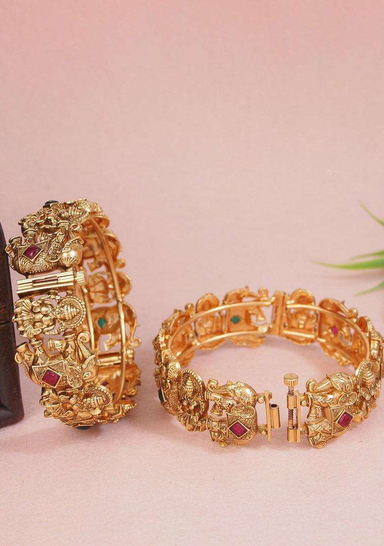 Set of 2 Gold-Plated Kundan Studded Temple Bangles for Women | Traditional Temple Jewellery for Wedding & Festive Wear | Gift for Her - Indya