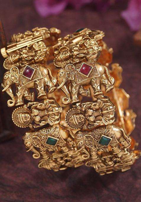Set of 2 Gold-Plated Kundan Studded Temple Bangles for Women | Traditional Temple Jewellery for Wedding & Festive Wear | Gift for Her