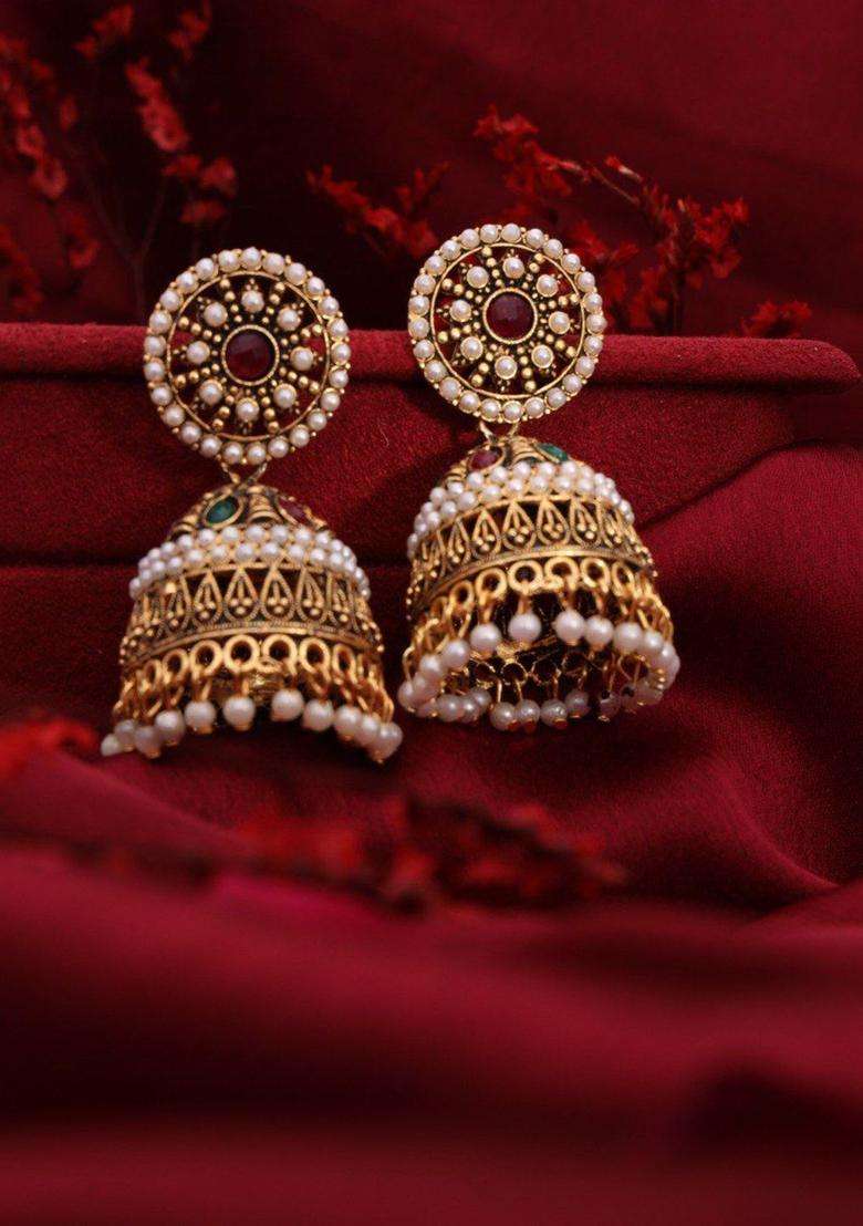 Gold-Plated Artificial Stones Studded and Beaded Dome Shaped Jhumkas for Women | Traditional Temple Jewellery for Wedding & Festive Wear | Gift for Her - Indya