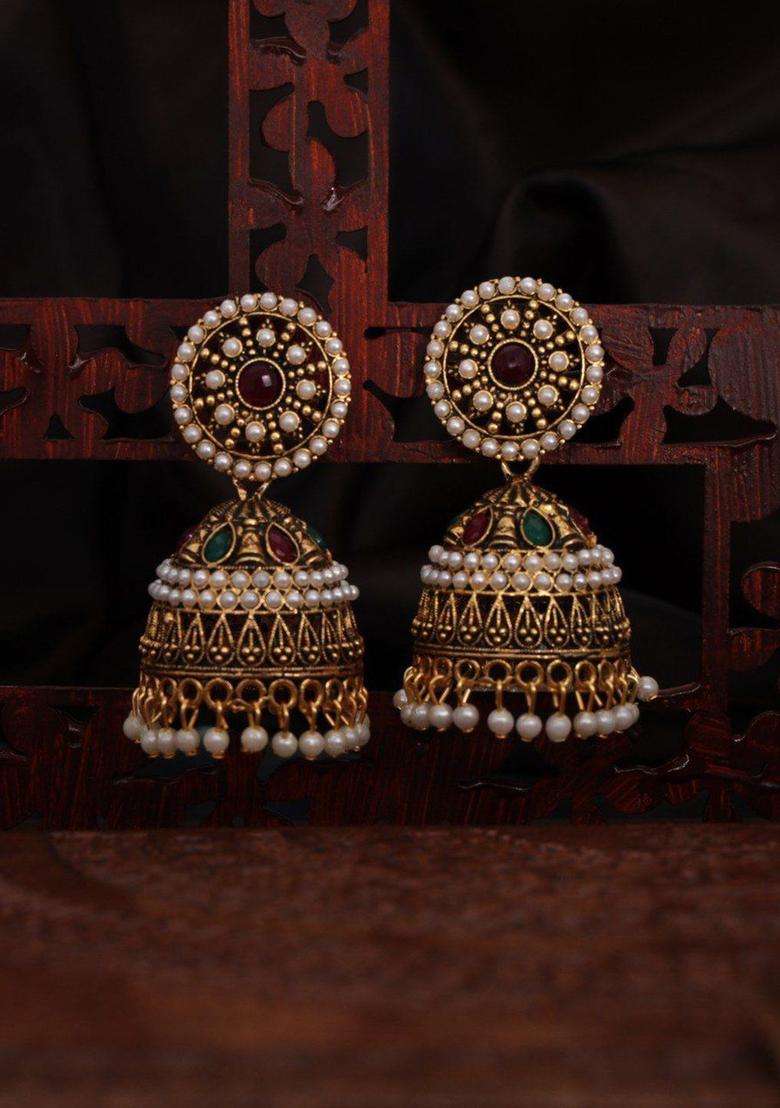 Gold-Plated Artificial Stones Studded and Beaded Dome Shaped Jhumkas for Women | Traditional Temple Jewellery for Wedding & Festive Wear | Gift for Her - Indya