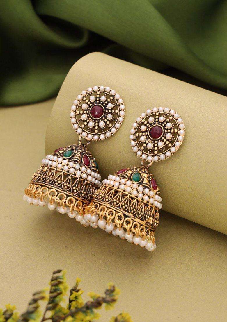 Gold-Plated Artificial Stones Studded and Beaded Dome Shaped Jhumkas for Women | Traditional Temple Jewellery for Wedding & Festive Wear | Gift for Her - Indya