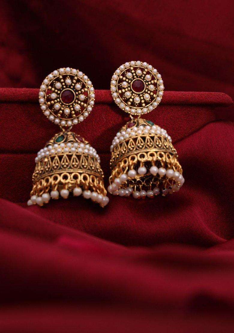 Gold-Plated Artificial Stones Studded and Beaded Dome Shaped Jhumkas for Women | Traditional Temple Jewellery for Wedding & Festive Wear | Gift for Her - Indya