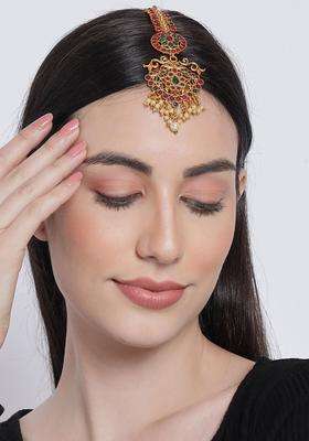 Red & Green Gold-Plated Stone-Studded & Beaded Maang Tikka for Women | Traditional Temple Jewellery for Wedding & Festive Wear | Gift for Her