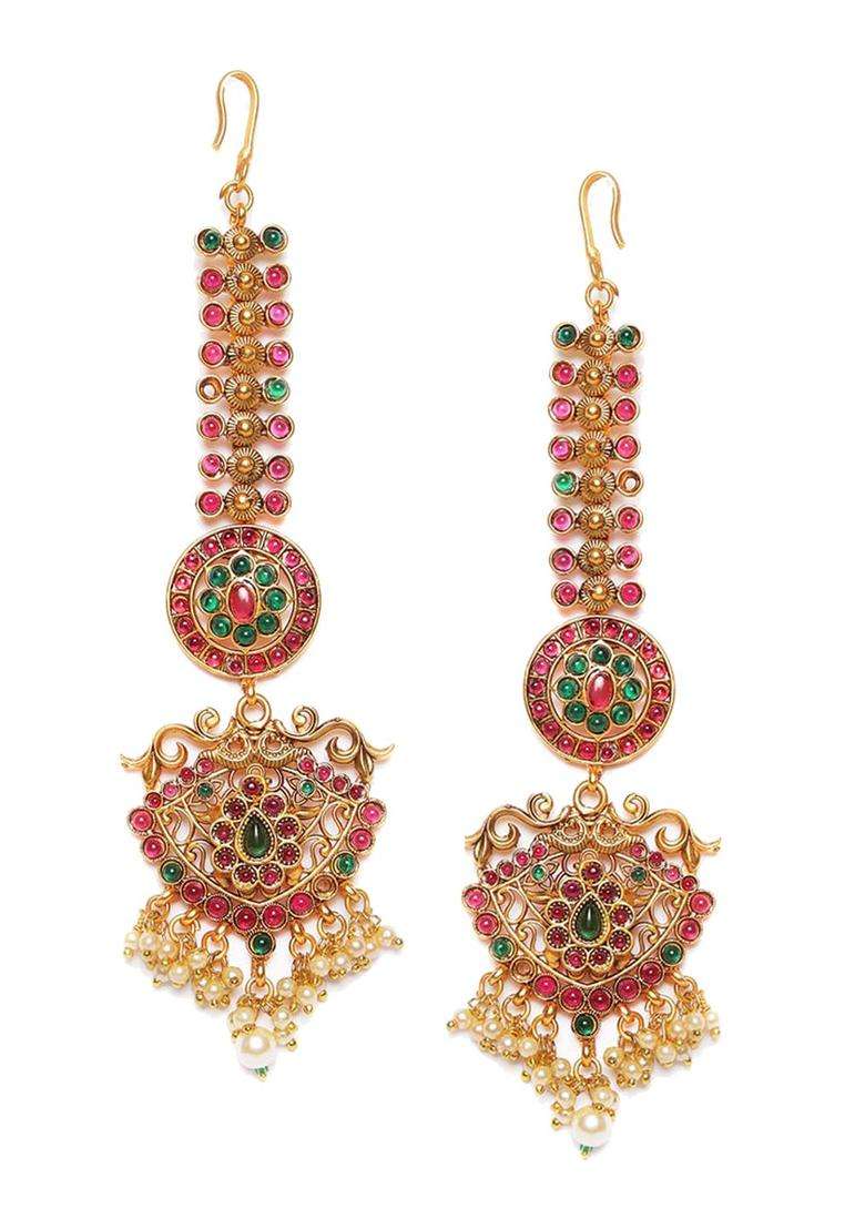 Red & Green Gold-Plated Stone-Studded & Beaded Maang Tikka for Women | Traditional Temple Jewellery for Wedding & Festive Wear | Gift for Her - Indya