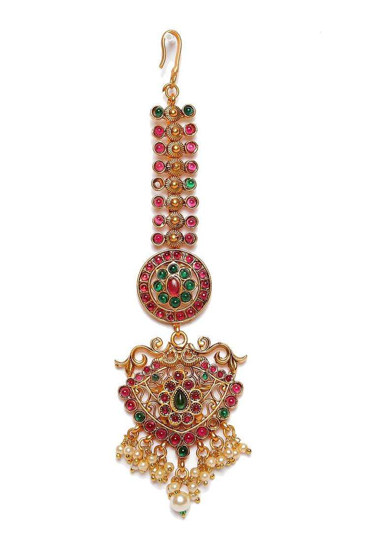 Red & Green Gold-Plated Stone-Studded & Beaded Maang Tikka for Women | Traditional Temple Jewellery for Wedding & Festive Wear | Gift for Her - Indya