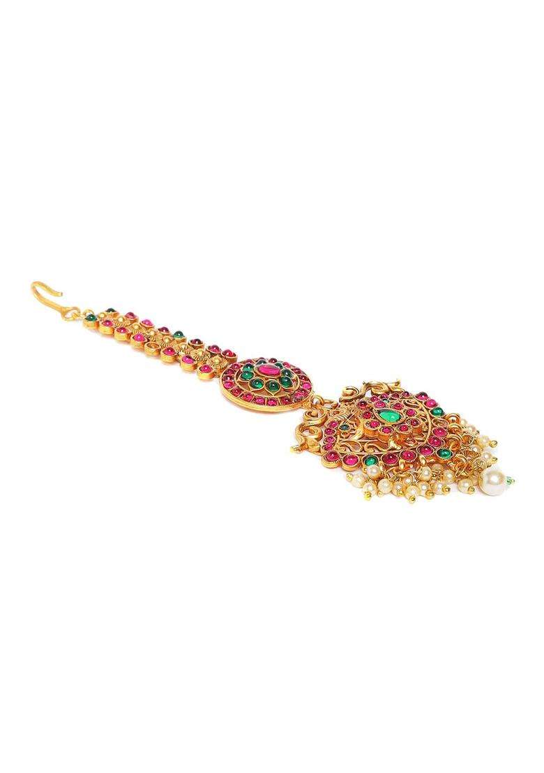Red & Green Gold-Plated Stone-Studded & Beaded Maang Tikka for Women | Traditional Temple Jewellery for Wedding & Festive Wear | Gift for Her - Indya
