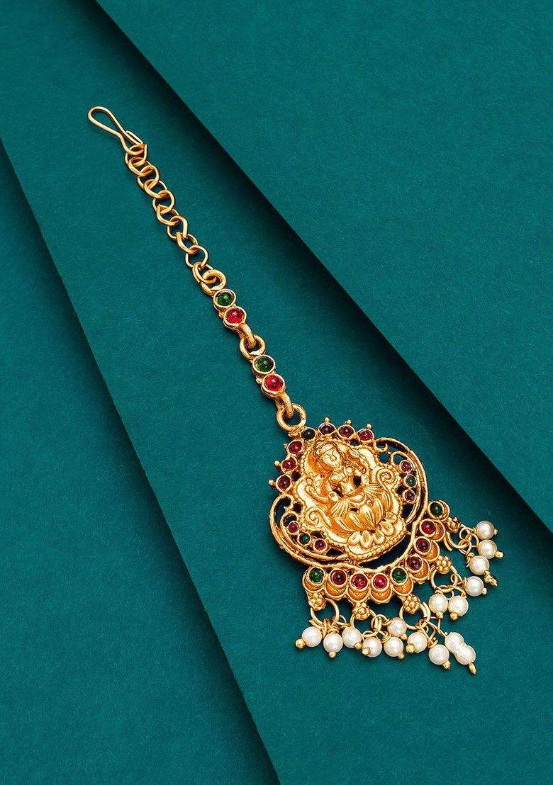 Gold-Plated Kundan Studded & Pearls Beaded Lakshmi Goddess Maang Tikka for Women | Traditional Temple Jewellery for Wedding & Festive Wear | Gift for Her - Indya