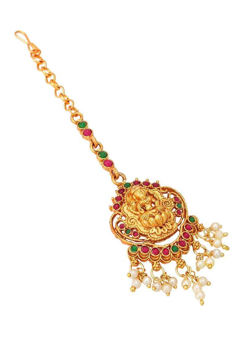Gold-Plated Kundan Studded & Pearls Beaded Lakshmi Goddess Maang Tikka for Women | Traditional Temple Jewellery for Wedding & Festive Wear | Gift for Her - Indya