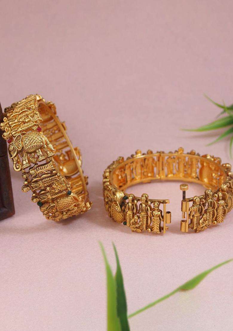 Set of 2 Gold-Plated Stone Studded Temple Bangles for Women | Traditional Temple Jewellery for Wedding & Festive Wear | Gift for Her - Indya