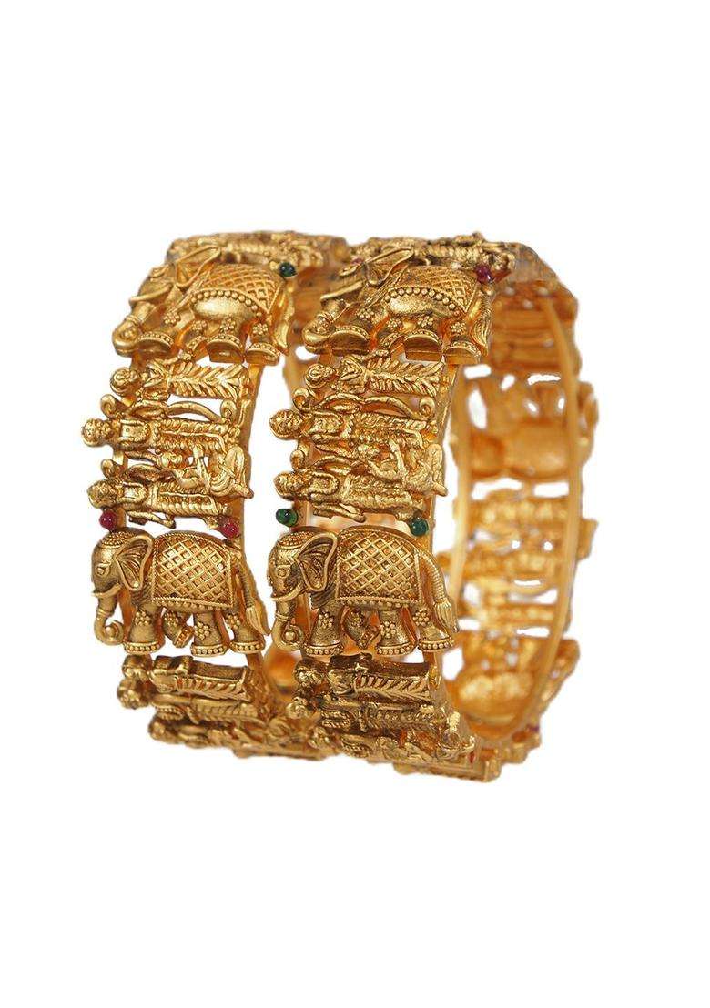 Set of 2 Gold-Plated Stone Studded Temple Bangles for Women | Traditional Temple Jewellery for Wedding & Festive Wear | Gift for Her - Indya