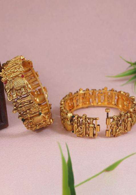 Set of 2 Gold-Plated Stone Studded Temple Bangles for Women | Traditional Temple Jewellery for Wedding & Festive Wear | Gift for Her
