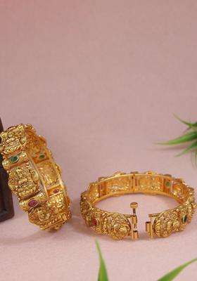 Set of 2 Gold-Plated Kundan Studded Antique Bangles for Women | Traditional Temple Jewellery for Wedding & Festive Wear | Gift for Her