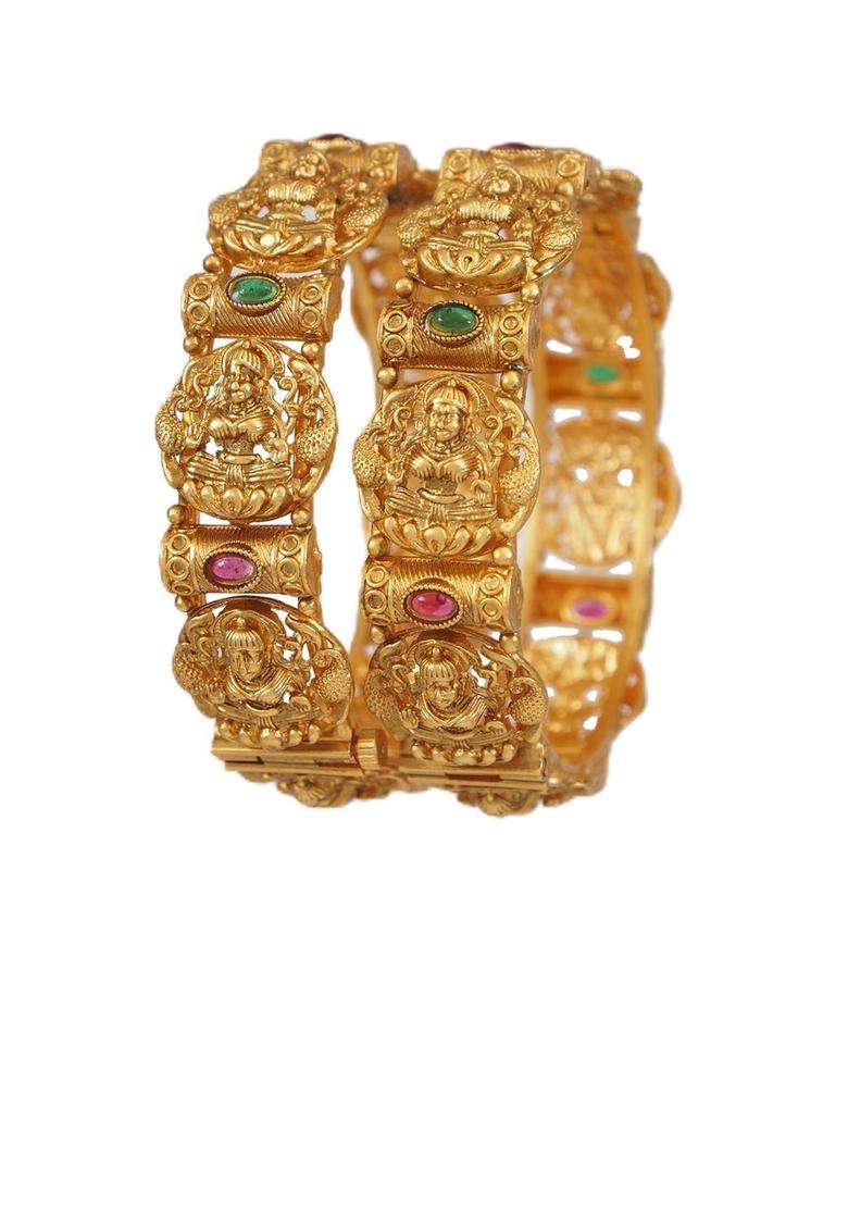 Set of 2 Gold-Plated Kundan Studded Antique Bangles for Women | Traditional Temple Jewellery for Wedding & Festive Wear | Gift for Her - Indya