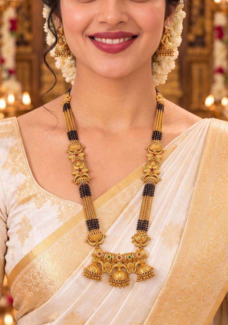 Set of 2 Gold-Plated Temple Stone Studded & Beaded Necklace and Earrings for Women | Traditional Temple Jewellery for Wedding & Festive Wear | Gift for Her - Indya
