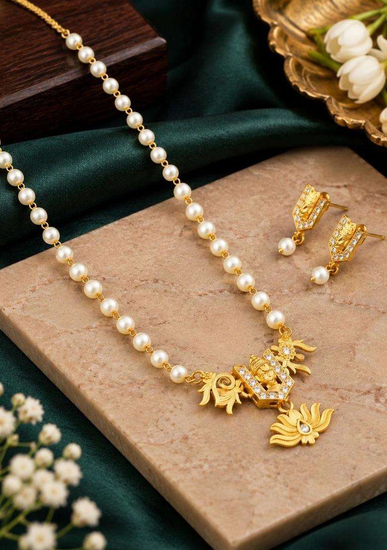 Cubic Zirconia & Pearls Beaded Jewellery Set for Women | Traditional Temple Jewellery for Wedding & Festive Wear | Gift for Her - Indya