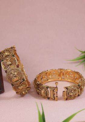 Set of 2 Gold-Plated Stone Studded Temple Bangles for Women | Traditional Temple Jewellery for Wedding & Festive Wear | Gift for Her