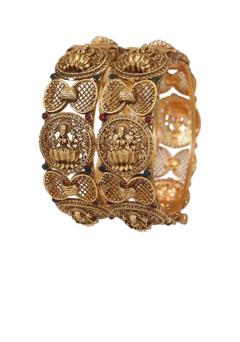 Set of 2 Gold-Plated Stone Studded Temple Bangles for Women | Traditional Temple Jewellery for Wedding & Festive Wear | Gift for Her - Indya