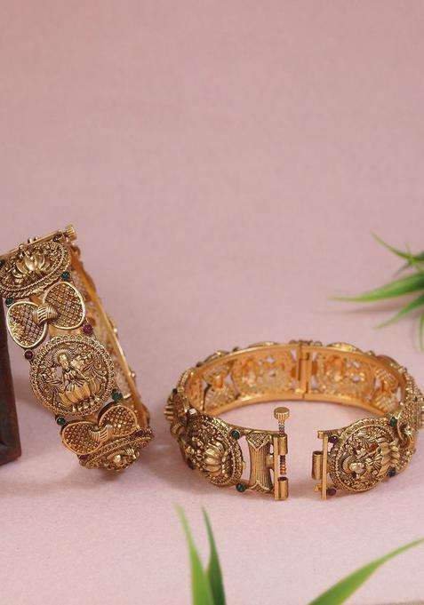Set of 2 Gold-Plated Stone Studded Temple Bangles for Women | Traditional Temple Jewellery for Wedding & Festive Wear | Gift for Her