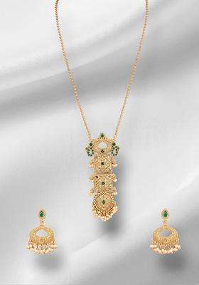 Gold-Plated Artificial Stones Studded & Beaded Temple Long Necklace Set for Women | Traditional Temple Jewellery for Wedding & Festive Wear | Gift for Her