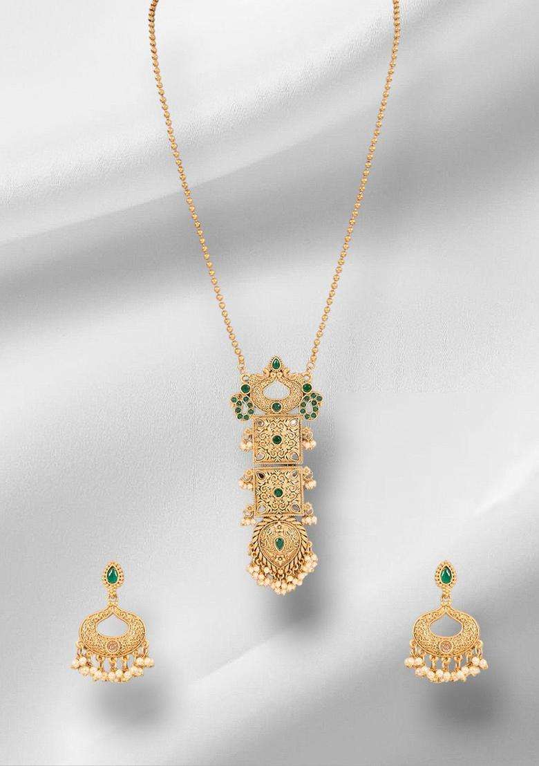 Gold-Plated Artificial Stones Studded & Beaded Temple Long Necklace Set for Women | Traditional Temple Jewellery for Wedding & Festive Wear | Gift for Her - Indya