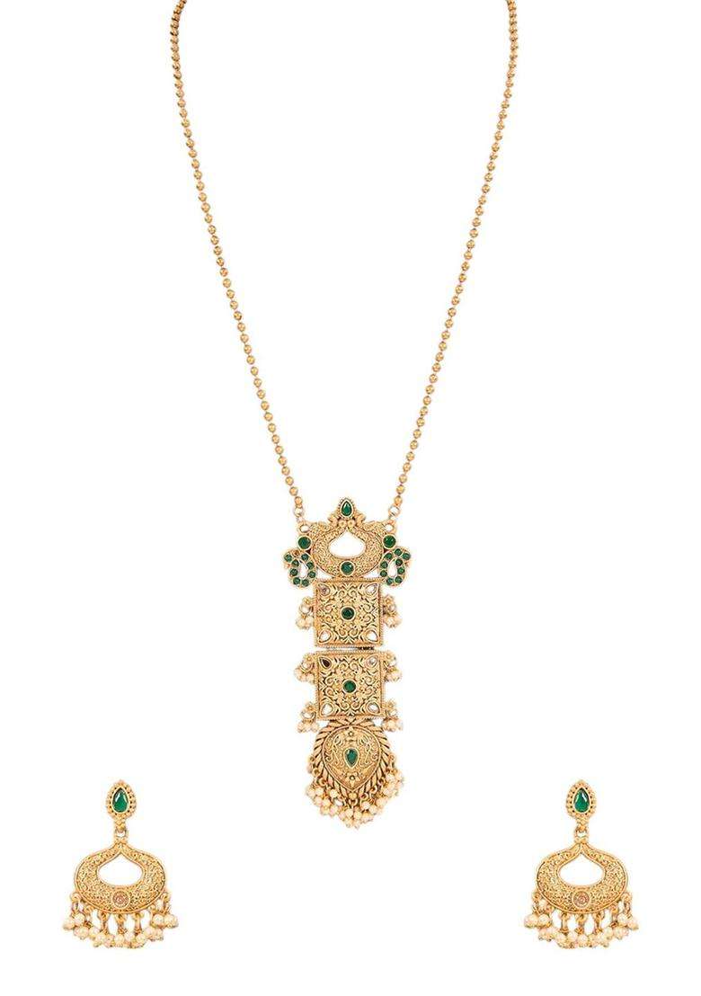 Gold-Plated Artificial Stones Studded & Beaded Temple Long Necklace Set for Women | Traditional Temple Jewellery for Wedding & Festive Wear | Gift for Her - Indya