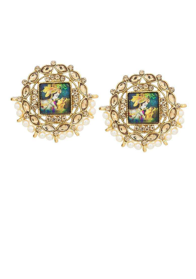 Gold-Plated Kundan Studded & Pearls Beaded Square Photo Design Temple Studs for Women | Traditional Temple Jewellery for Wedding & Festive Wear | Gift for Her - Indya