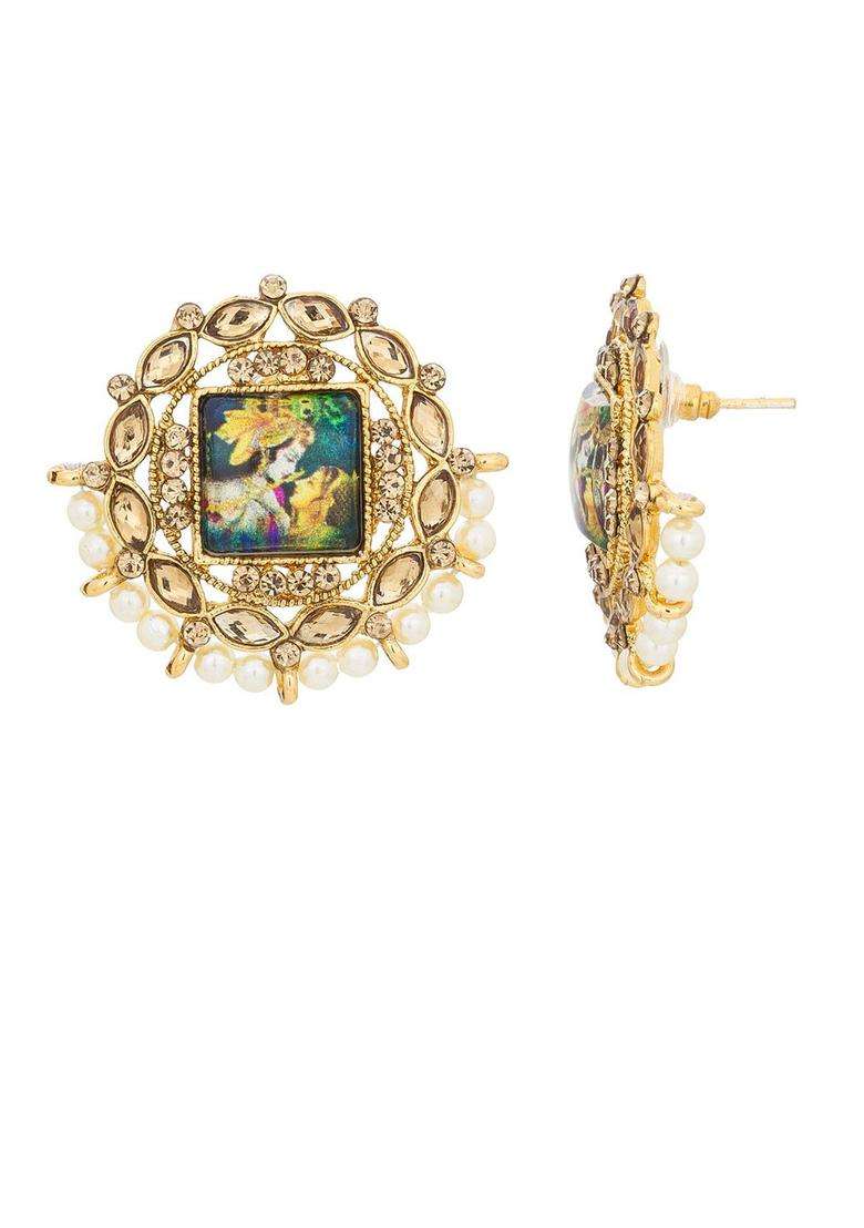 Gold-Plated Kundan Studded & Pearls Beaded Square Photo Design Temple Studs for Women | Traditional Temple Jewellery for Wedding & Festive Wear | Gift for Her - Indya