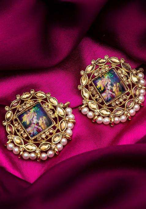 Gold-Plated Kundan Studded & Pearls Beaded Square Photo Design Temple Studs for Women | Traditional Temple Jewellery for Wedding & Festive Wear | Gift for Her