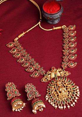Red Gold-Plated Temple Stones Studded Jewellery Set for Women | Traditional Temple Jewellery for Wedding & Festive Wear | Gift for Her