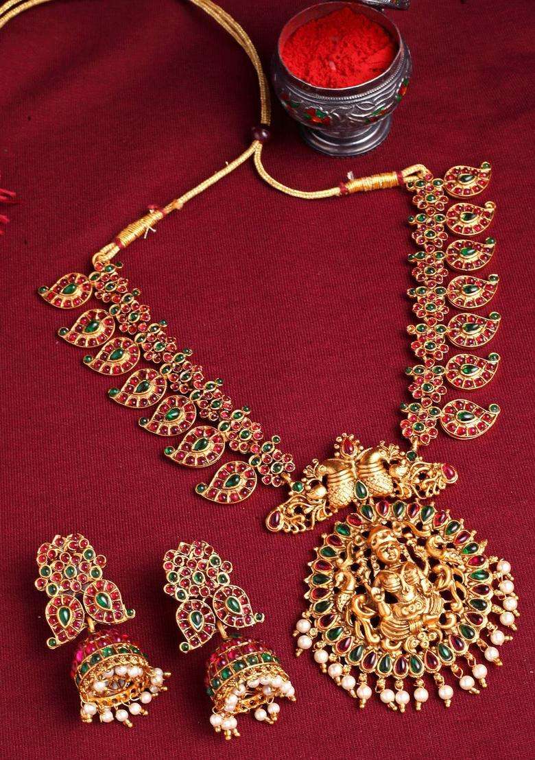 Red Gold-Plated Temple Stones Studded Jewellery Set for Women | Traditional Temple Jewellery for Wedding & Festive Wear | Gift for Her - Indya