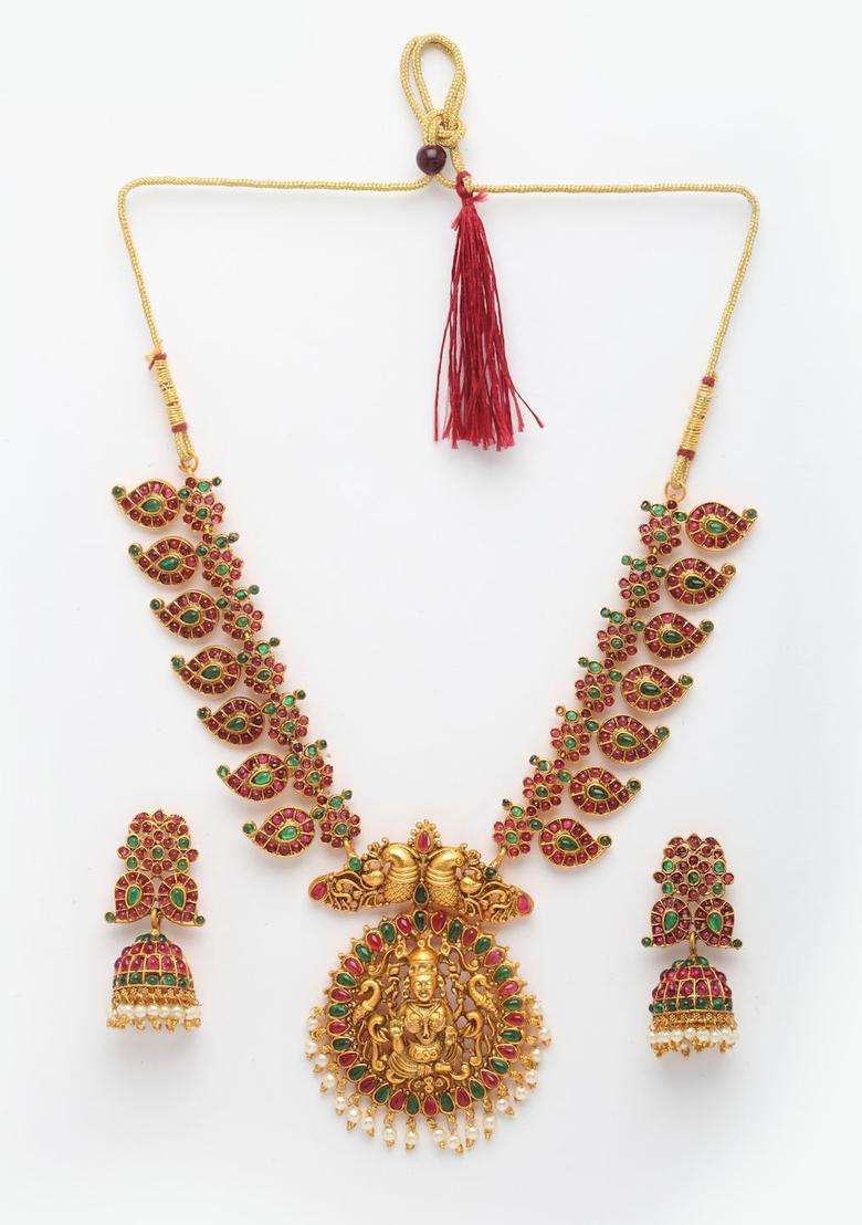 Red Gold-Plated Temple Stones Studded Jewellery Set for Women | Traditional Temple Jewellery for Wedding & Festive Wear | Gift for Her - Indya