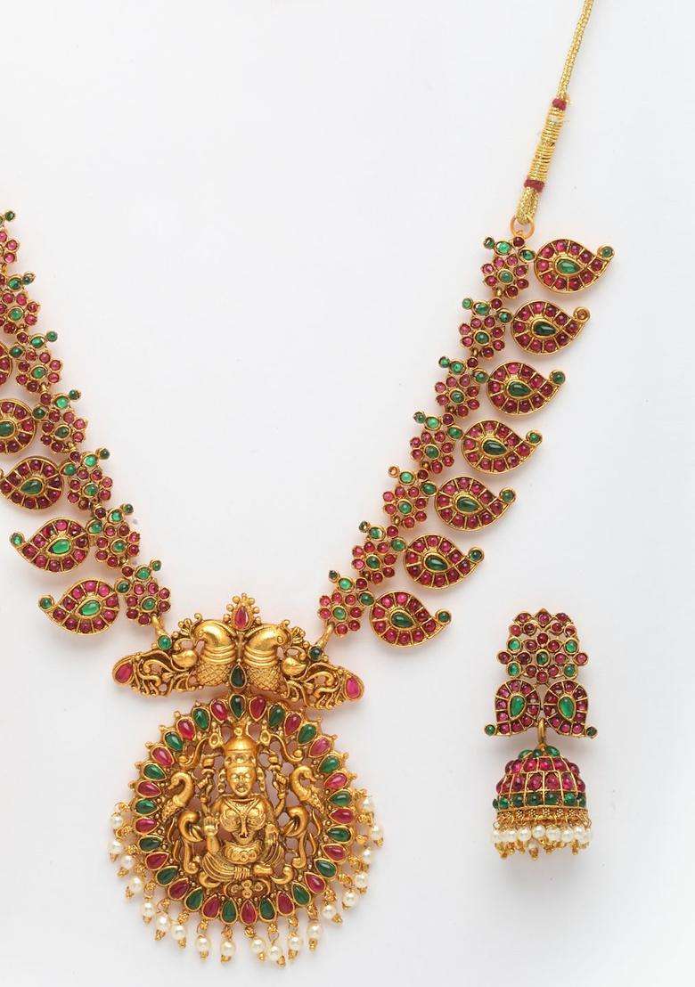 Red Gold-Plated Temple Stones Studded Jewellery Set for Women | Traditional Temple Jewellery for Wedding & Festive Wear | Gift for Her - Indya