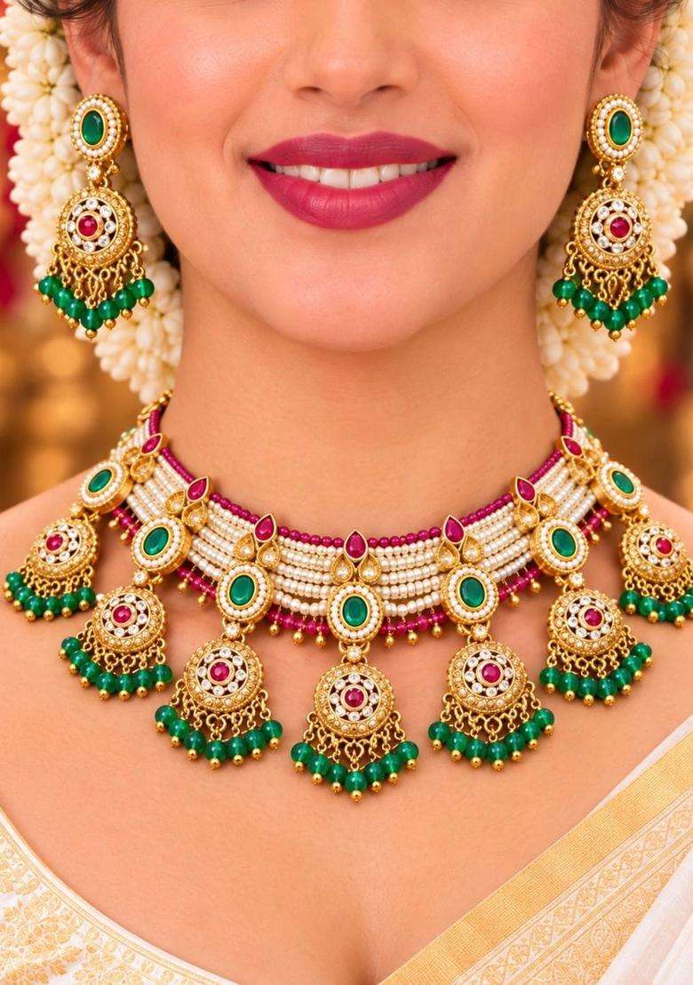 Gold-Plated Temple Stone Studded & Beaded Necklace and Earrings for Women | Traditional Temple Jewellery for Wedding & Festive Wear | Gift for Her - Indya