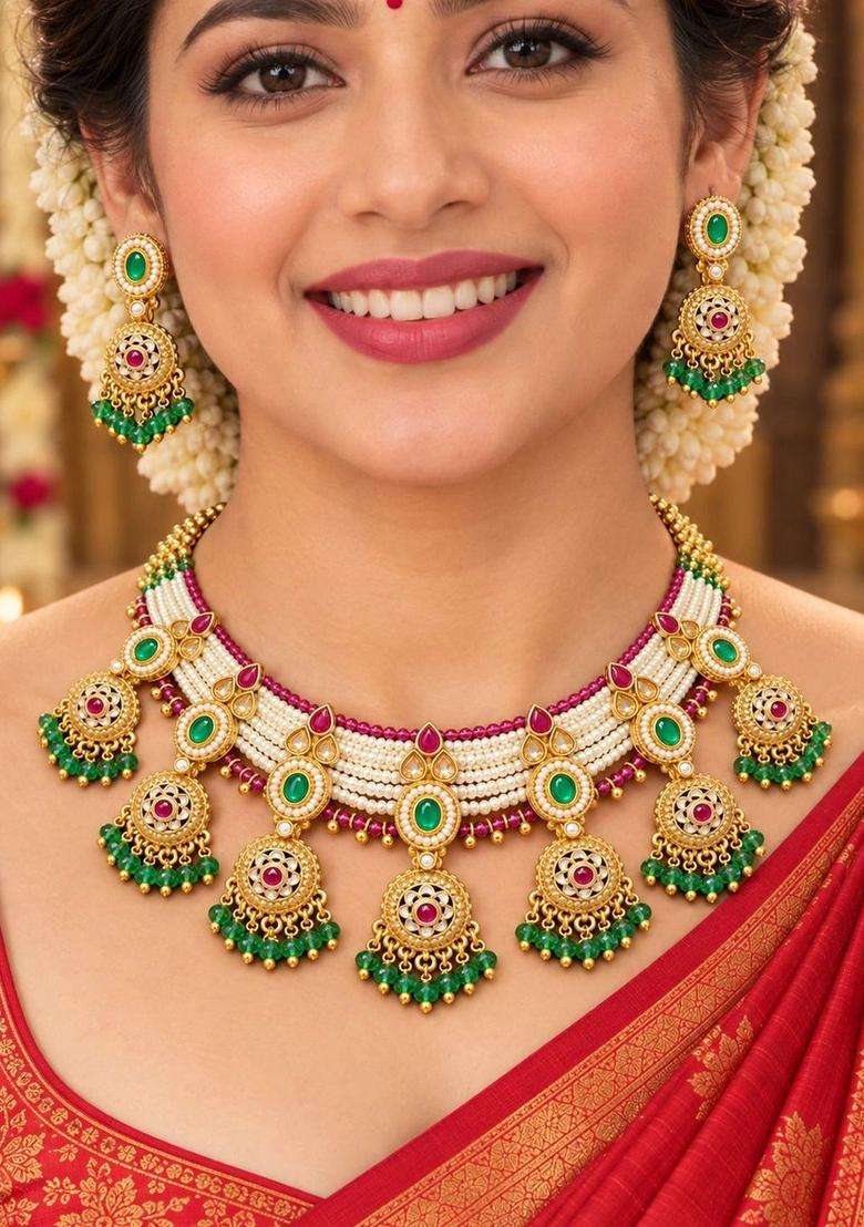 Gold-Plated Temple Stone Studded & Beaded Necklace and Earrings for Women | Traditional Temple Jewellery for Wedding & Festive Wear | Gift for Her - Indya