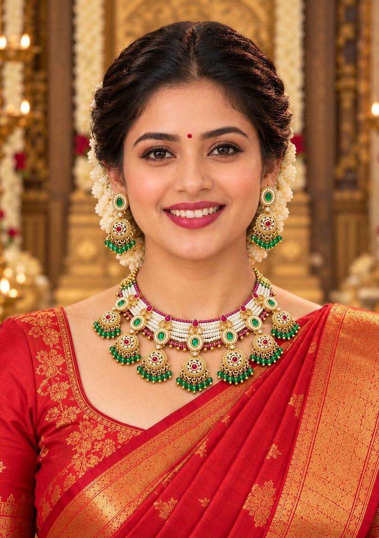 Gold-Plated Temple Stone Studded & Beaded Necklace and Earrings for Women | Traditional Temple Jewellery for Wedding & Festive Wear | Gift for Her - Indya